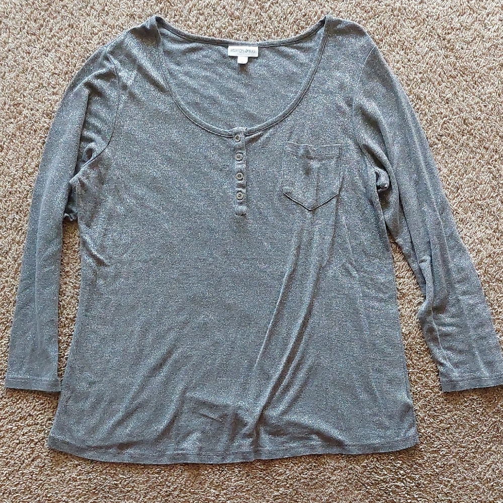 Fashion Bug Gray Sparkle Henley Long Sleeve Top Pocket Women’s 0X (XL)